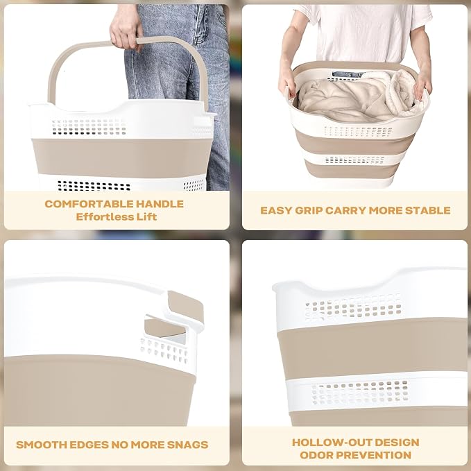 OOAMBB 43L+43L Collapsible Laundry Baskets plastic (Beige, 2 Packs) | Pop Up Laundry hamper/Storage Container, Foldable Laundry Basket with Handles, Durable,Space Saver