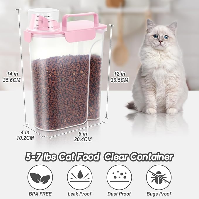 LEAWALK 5-7Lbs/6Qt Dog Cat Storage Container Portable with Upgraded Large Spout and Cup, Plastic Pet Food Dispenser for Small Animal Kibble, Bird Seed, Oatmeal, Rice, Flour, Brown Sugart- Light Pink