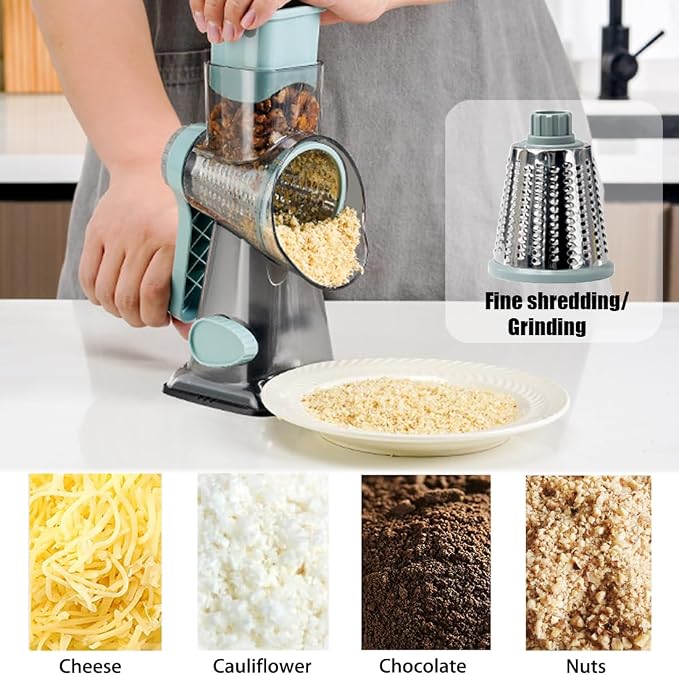 Rotary Cheese Grater Shredder with Handle Handheld Round Mandoline Vegetable Slicer Carrot Shredder Nut Grinder with 3 Replaceable Stainless Steel Drum Blades and Upgrade Strong Suction, Grey/Cyan