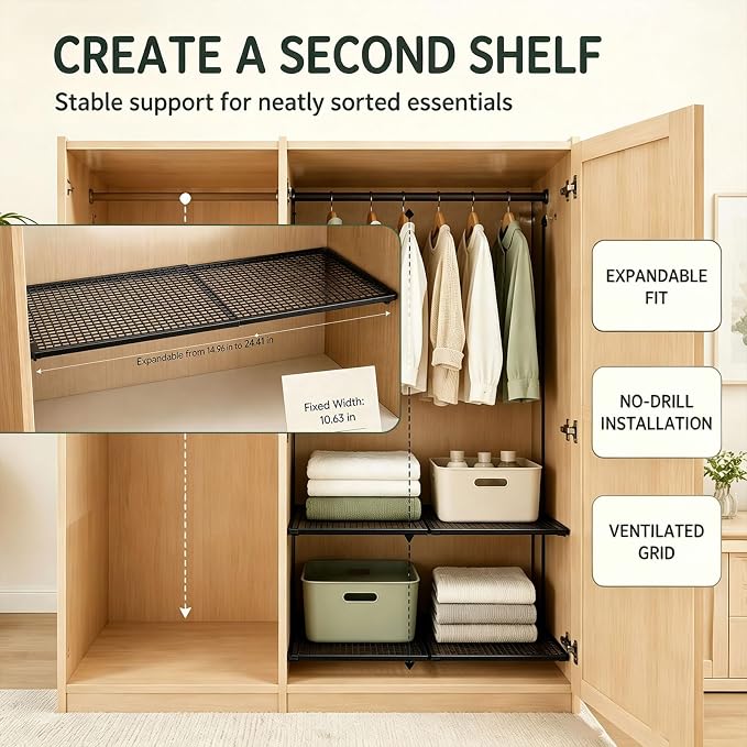 2 in 1 Expandable Floating Metal Cabinet Shelf, Black, 1pc | Adjustable, Anti-Rust Heavy Duty, 2 In 1, 15-24.4 Inch, Stand or Float, For Kitchen Pantry, Closet, Wardrobe