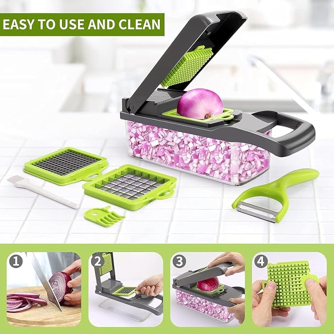 15 in 1 Vegetable Chopper- Food Chopper Onions Vegetable Slicer Dicer, Veggie, Cheese Grate Cutter with 7 Blades for Carrot Salad Garlic Potato slicer with Large Container Mandoline Kitchen Gadgets