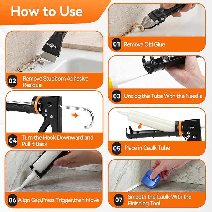Caulk Gun Kit, Smooth Silicone Caulking Gun and Caulk Remover Tool, Sealant Finishing Tool Grout Scraper for Kitchen Bathroom Window Sink Joint, All in One with Gift Box