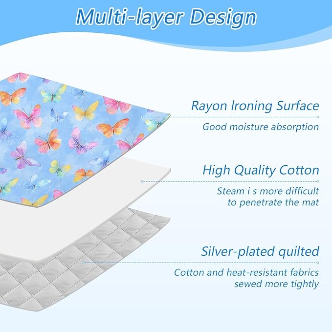 Ironing Mat Portable Ironing Pad Blanket with Silicone Iron Rest for Table Top Travel Heat Resistant Double-Side Using Large 47x28 Inch Foldable Colorful Watercolor Butterflies