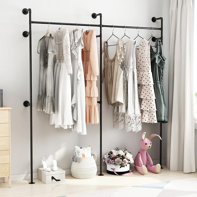 ORSENIGO Industrial Pipe Clothing Rack, Heavy Duty Clothes Rack for Hanging Clothes, Wall Mounted Display Garment Rack for Home Retail Boutique (Double, Black)