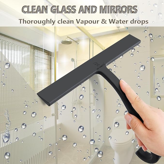 Shower Squeegee for Glass Doors – 10" Silicone Squeegee with Built-in Hook, One-Piece Seamless Design, Streak-Free & No-Scratch Window Cleaner for Bathroom, Mirrors & Tiles (Black)