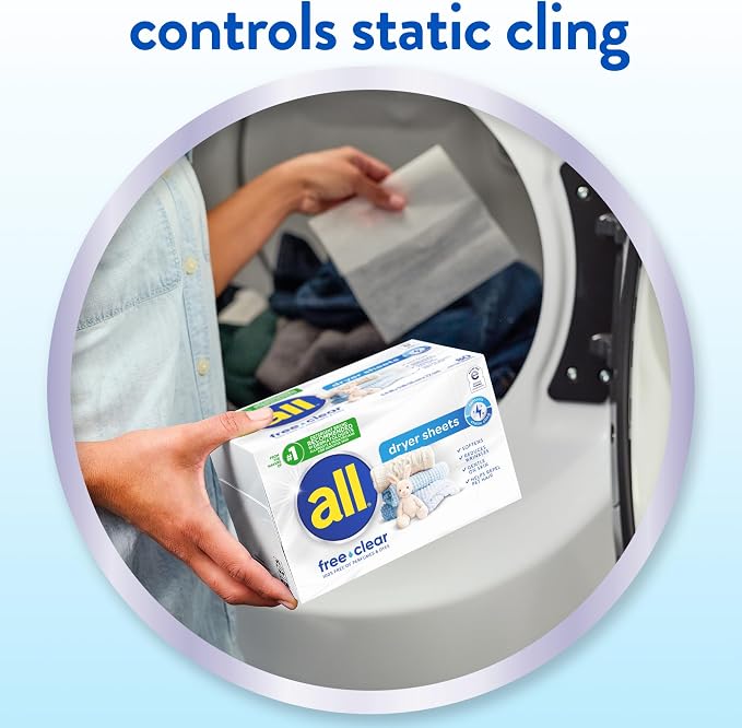 all free clear Fabric Softener Dryer Sheets for Sensitive Skin, 195 Count, Hypoallergenic, Unscented, Dye Free, Controls Static Cling, Reduces Wrinkles, Dermatologist Tested, HE Safe