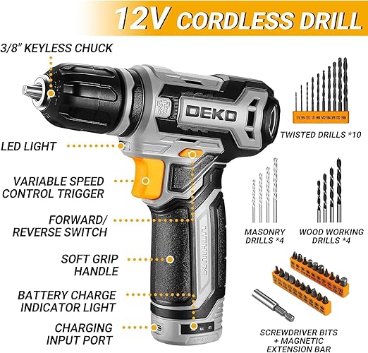 Power Drill Tool Set Kit: DEKOPRO Cordless Drill Tool Box with 12V Battery Electric Drill Driver for Home Hand Repair Power Tools Sets Drills Case