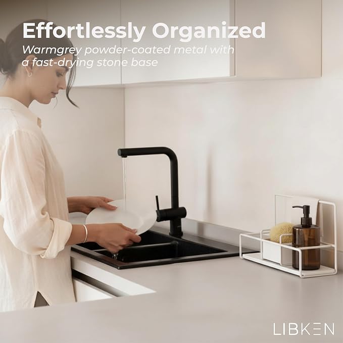 LIBKEN Kitchen Sponge Holder with Drying Stone – Warm Grey Powder Coated Metal Sink Caddy – Minimal Scandinavian Design Sponge Rack for Kitchen Sink Organization & Elegant Countertop Storage