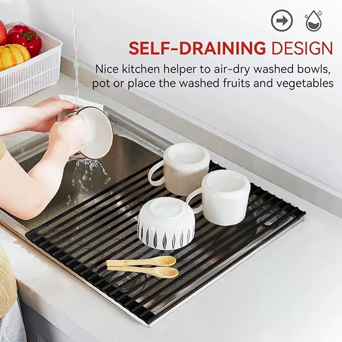 MERRYBOX Roll Up Dish Drying Rack Silicone Wrapped Over The Sink Dish Drying Rack Multipurpose Foldable Sink Drying Mat Anti-Slip & Anti-Rust Dish Rack for Kitchen, 17.5" x 13", Black