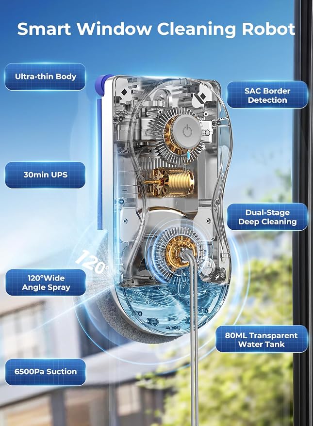 HUTT Window Cleaning Robot, 6500Pa Strong Suction Robot Window Cleaner with World-First Round-Square Dual-Stage Cleaning, Ultrasonic Dual Spray, Edge Cleaning & Corner Coverag, 30Min Backup Protection