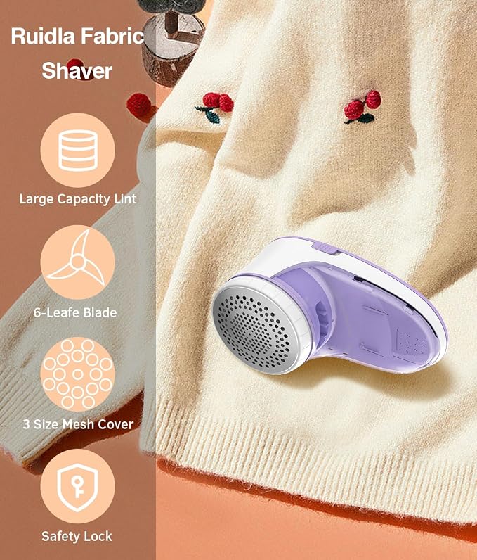 Ruidla Fabric Shaver Lint Remover,Sweater Shaver with Replaceable Stainless | Steel 6-Leaf Blades, Fabric Defuzzer for Clothes Fuzz, Lint Balls - Battery Operated(Purple)