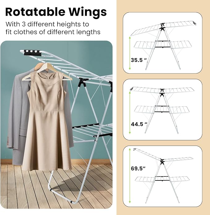 COSTWAY Clothes Drying Rack, Foldable 2 Tier Clothing Laundry Rack | Height-Adjustable Wings, 33 Drying Rails & Sock Clips, Portable Space Saving Racks for Apartment, RV, Indoor & Outdoor Use