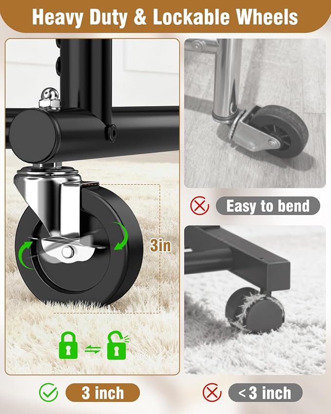 EAGMAK Heavy Duty Clothes Rack for Hanging Clothes Load 424 LBS, Height Adjustable Rolling Clothing Racks, Portable Metal Coat Rack Garment Wardrobe with Wheels and Shelves for Bedroom Laundry, Black