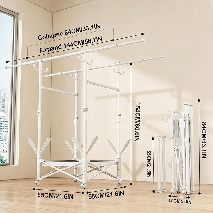 Foldable Collapsible Rolling Clothes Drying Rack,Adjustable Double Rods Laundry Airer(33.1–56.7"),Carbon Steel Pipe Standing Garment Rack for Indoor Outdoor Laundry Room (White, B)