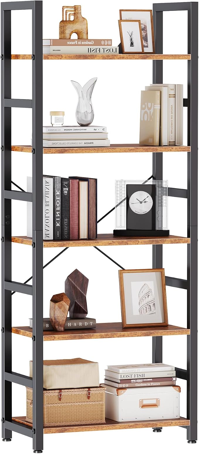 DUMOS 5-Tier Bookshelf, Modern Tall Bookcase Book Shelf | Open Storage Display Shelf for Living Room, Bedroom, Home Office, Narrow Standing Shelving Unit for Books, CDs Rustic Brown