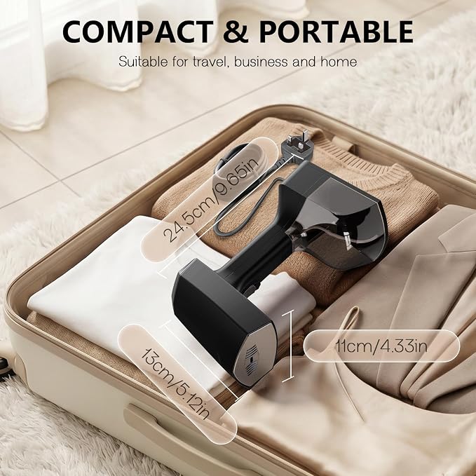 Cadrim Steamer for Clothes,Portable Handheld Fabric and Garment Steamer Iron Press Wrinkle Remover with Lint Remover & Fabric Brush – Black