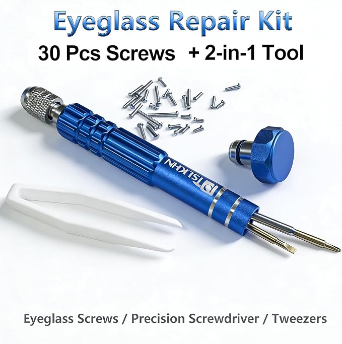 PTSLKHN Eye Glass Repairing Kit, S2 Steel Screwdriver with 15 Types of Screws, Precision Eyeglass Repair Tool Set (Blue 2in1-screws)