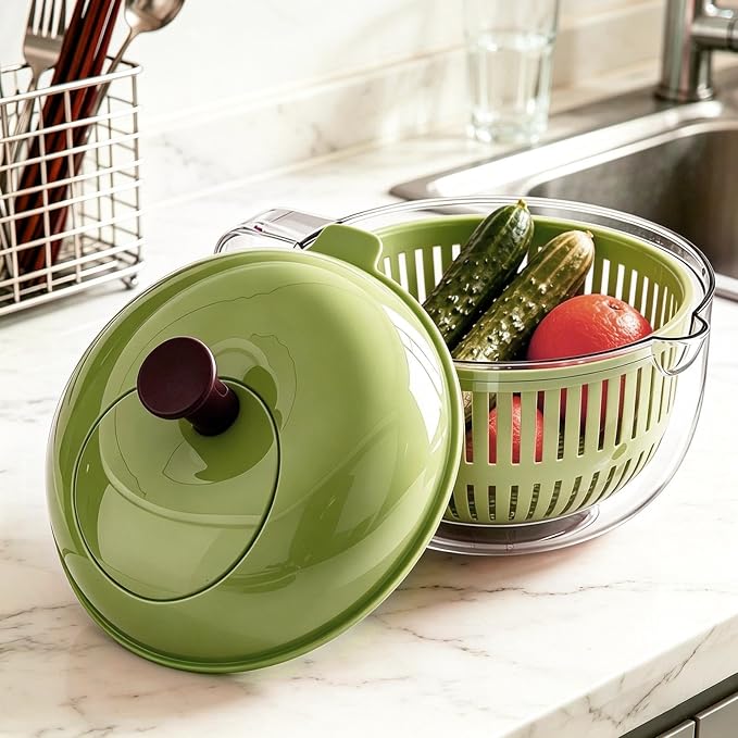 Salad Spinner, Hand Cranked Fruit Washing Spinner with Handle, Multifunctional Fruit and Vegetable Washing Bowl with Drain Basket, Reusable Salad Dehydrator Drainer for Home Kitchen
