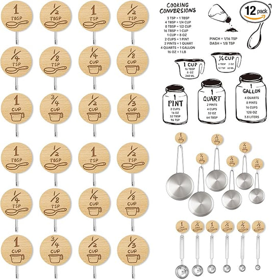 Measuring Cup and Spoon Organizer, 24 Pack Adhesive Wood Hooks for Hanging with 12 Kitchen Conversion Chart Stickers, Kitchen Hooks for Space Saving Storage