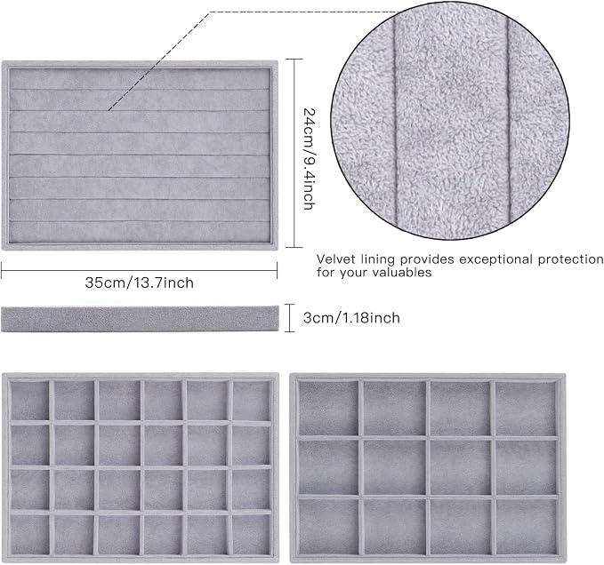 Rocutus Jewelry Trays,3 Pack Stackable Velvet Jewelry Organizer Tray Drawer Jewelry Storage Tray,Divided Ring Organizer Tray for Earrings, Necklaces, Bracelets,13.8"x9.5"x1.2" (Grey)