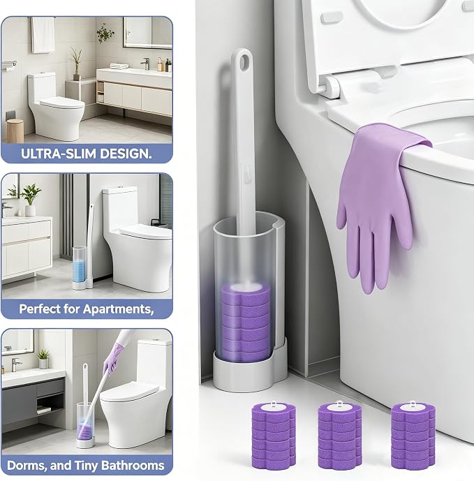 Disposable Toilet Brush, All-in-One Toilet Cleaning Kit - with 18 Refills, 12 Extended Cleaning Gloves &12 Deep Clean Tablets - No Touch Bathroom Wand, Zero-Touch Cleaning System for Home & Apartment