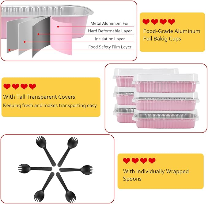 LNYZQUS Mini Cake Pans with Lids 100 Pack,Individual Foil Baking Tins,Disposable Mini Loaf Pans Small Cakes Tin Cupcake Containers for Children's Day Bake Sale-Pink,6.8oz