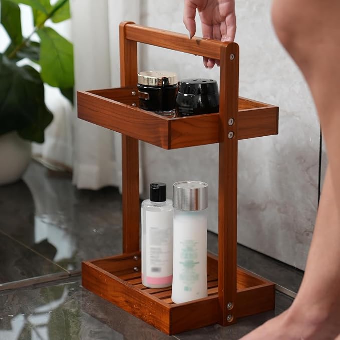 Utoplike Teak Wood Shower Caddy Corner, 2 Tier Bathroom Organizer Countertop, Standing Shower Rack with Handle, Stand Up Shower Basket for Shampoo, Shelf Rack for Inside Shower, Kitchen Desktop | Solid Shower Organizer with Handle, Stand Up Shower Bask...