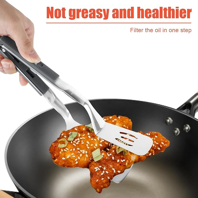 Extended Handle Spatula Tongs, 11.6 Inch Long Anti-Scald Stainless Steel Grill Clamp Spatula Food Flipping Cooking Serving Tongs Spatula for Steak Pancakes Barbecue Burgers Pizza (Gray)