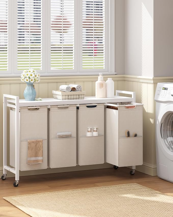 HOOBRO Laundry Sorter 4 Sections, Laundry Hamper with Wheels, 4 × 10.5 Gal (40 L), Rolling Laundry Basket, Pull-Out and Removable Oxford Fabric Bags, White WG04XY01