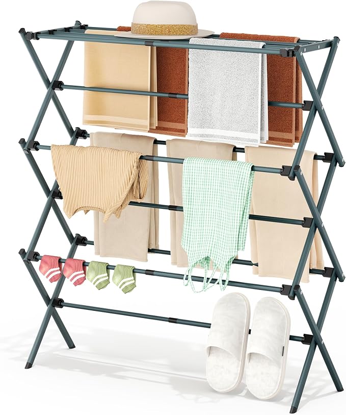 APEXCHASER 3-Tier Foldable Clothes Drying Rack, 37.6" H, Navy Blue | Rust-resistant Metal, Tool-free Assembly, Extendable Drying Hanger, Fold Flat to Easy Storage, 11.8" D x 35" W, Holds 24lbs