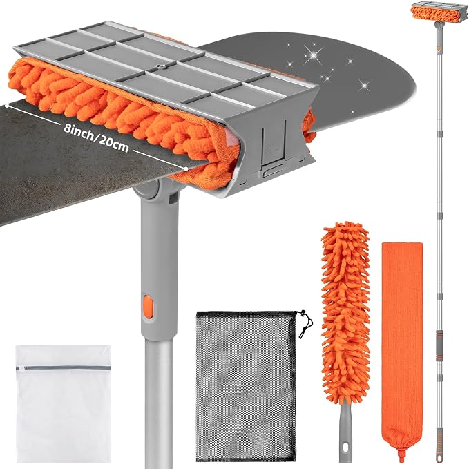 Ceiling Fan Cleaner Duster with 6 Ft/77'' Extension Pole, Multi-Functional | Fan Cleaner Duster Brush Kit for Clean Fan Blade, Baseboard, Blind, Cobweb, High Ceiling Walls - Reusable & Machine Washable