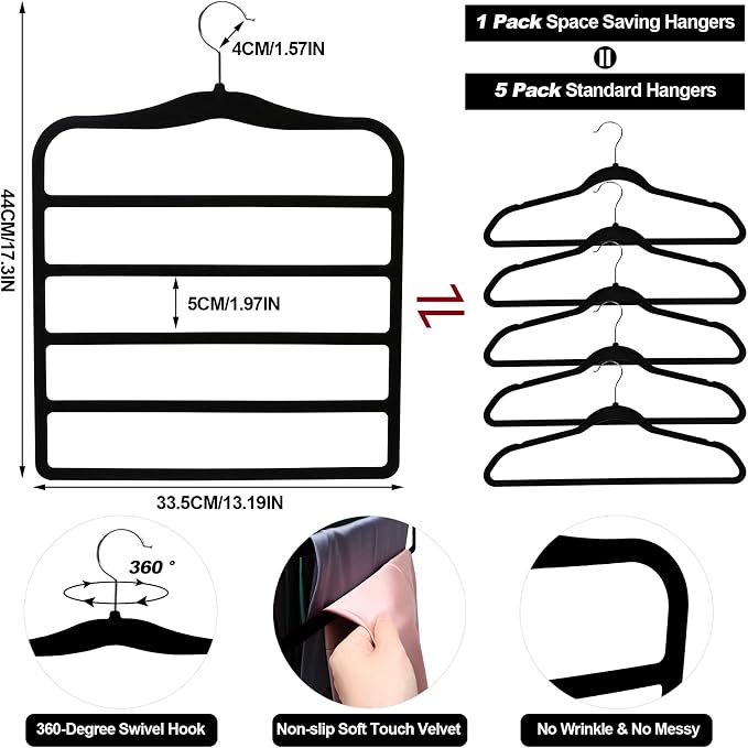 Closet Organizers and Storage, 5 Pack Velvet Pants-Hangers-Space-Saving | Non Silp 5 Tier Scarf Jeans Organizer, Dorm Room Essentials for College Students Girls Boys Guys, Home Storage