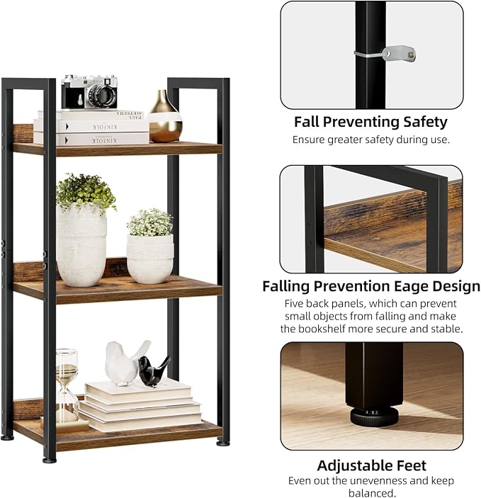 NUMENN Narrow Bookshelf, 3 Tier Freestanding Shelving Unit, Vintage | Small Book Shelf for Small Spaces, Metal Frame & Wood Shelves, Falling Prevention Baffle, Bookcase for Bedroom&Home Office