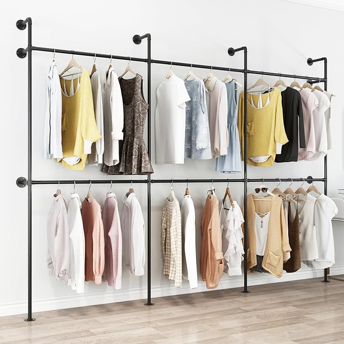 ORSENIGO Industrial Pipe Clothing Rack, Heavy Duty Metal Clothes Rack with Double Rods for Hanging Clothes, Wall Mount Space-Saving Garment Display Rack (Three, Black)