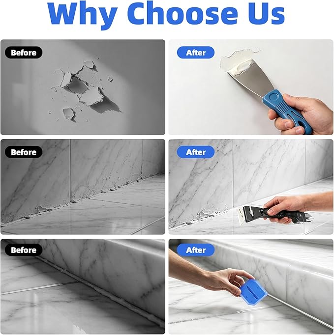 Silicone Caulking Tool Kit, Caulk Remover Tool, Putty Knife Scraper, 3 Glass Glue Corner Scrapers, Grout Removal Tool with Stainless Steel Head for Kitchen Bathroom and Window