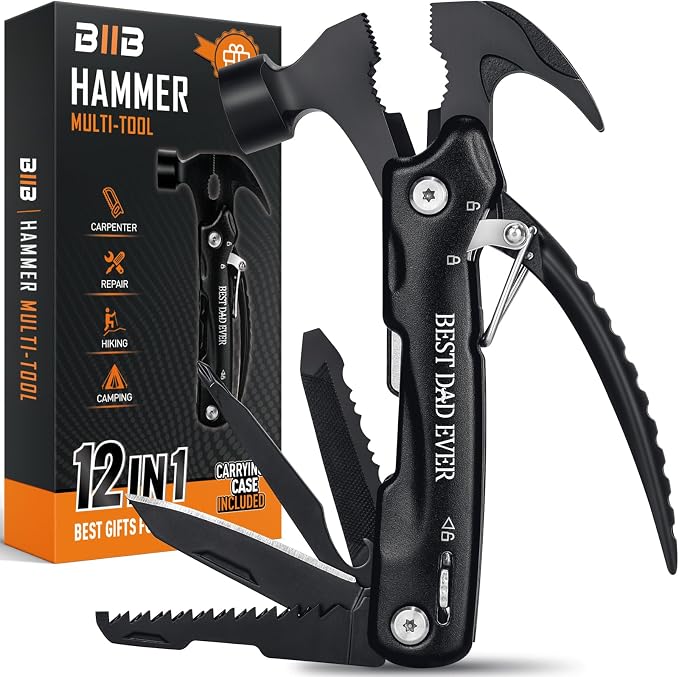 BIIB Dad Gifts, 12 in 1 Hammer Multitool, Camping Essentials Survival Tools | Stocking Stuffers for Dad Husband Grandpa, Camping Essentials Tools, Personalized Fathers Day Mens Gifts from Daughter Wife