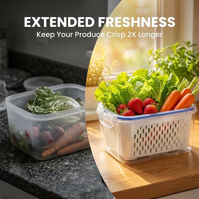 Fruit Storage Containers for Fridge with Removable Colander, Airtight Produce Storage Containers with Lids, Fridge Organizers and Storage for Berry, Fruit, Vegetables, Salad & Meal Prep (Gray, S+M)