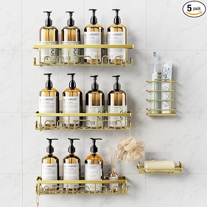 Shower Caddy, 5 Pack Shower Shelves for Inside Bathroom, Rustproof Adhesive Bathroom Organizer with Soap Holder, No Drilling Washroom Organizers and Storage for Bathtub Room/Kitchen/Home, Gold