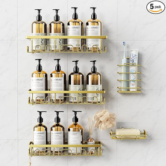 Shower Caddy, 5 Pack Shower Shelves for Inside Bathroom, Rustproof Adhesive Bathroom Organizer with Soap Holder, No Drilling Washroom Organizers and Storage for Bathtub Room/Kitchen/Home, Gold