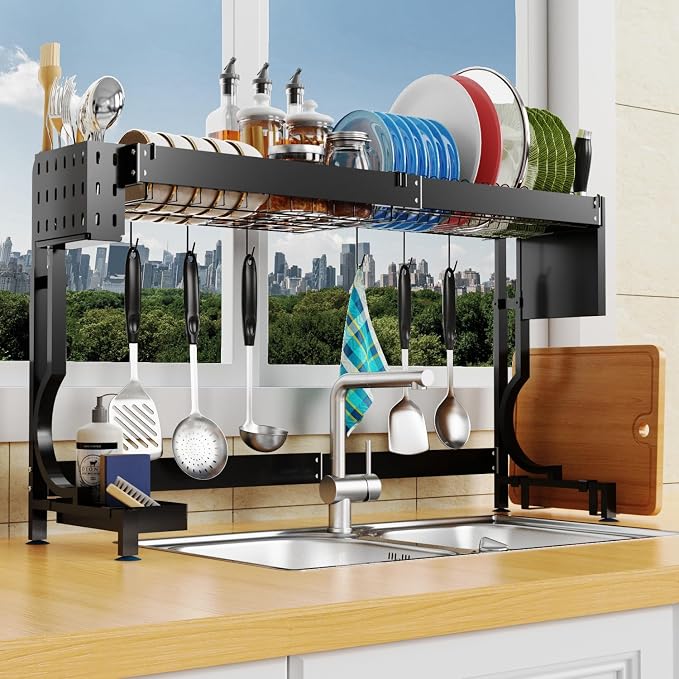 Over the Sink Dish Drying Rack, Height & Width Adjustable Stainless Steel | Large-Capacity Expandable Dish Rack with Utensil & Knife Holders,Hooks for Space-Saving Kitchen Storage | Fits Most Sinks