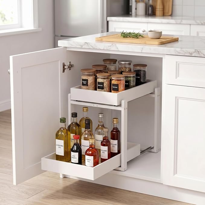 Bamboo Under Sink Organizer and Storage, 2 Pack Pull Out Cabinet Organization, 2 Tier Vertical Slide Out Undersink Storage Shelf, Multi-Purpose Organizer Shelves for Kitchen Bathroom Medicine