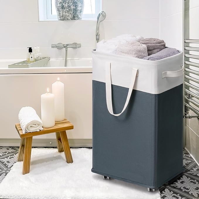 Goodpick 75L Rolling Laundry Basket with Wash Bag, Laundry Hamper for Dorm | Clothes Hamper with Removable Wash Bag for Laundry Room, Large Rolling Laundry Basket with Handles, Grey & White