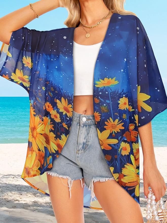 Women Kimono Cardigans Summer Cover Up Hawaiian Shirts Floral Print Tops | ROSEMIA chiffon kimono open front cardigans, beach cover ups, daily casual tops, cruise outfits, summer resort wear