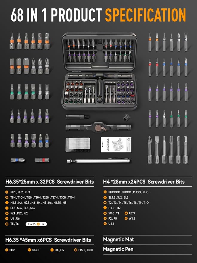 Ratchet Screwdriver Set, 68 in 1 Magnetic Ratcheting Screwdriver Kit with Detachable T Handle, Magnetic Pad & Pickup Tool, Flexible Shaft for Home Repair and DIY Projects