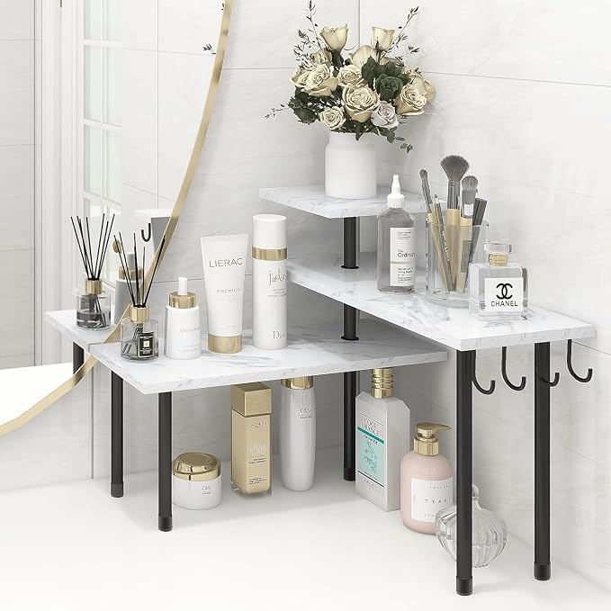 Homode Bathroom Counter Corner Shelf, 3 Tier Kitchen Countertop Organizer for Over The Sink, Make Up, Dresser Table, White Marble