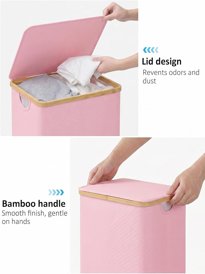 IEGrow Laundry Hamper with Lid,110L Laundry Basket with Mesh Bag,Pink | Dirty Clothes Hamper Basket with Bamboo Handle for Clothes Towels Organization