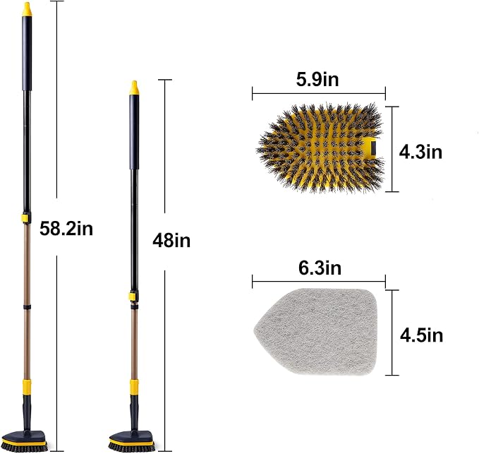 Yocada Tub Tile Scrubber Brush 2 in 1 Cleaning Brush 4*Scouring Pads 58.2 Inch Adjustable Telescopic Pole Stiff Bristles for Cleaning Bathroom Kitchen Toilet Wall Tub Tile Sink Non Scratch