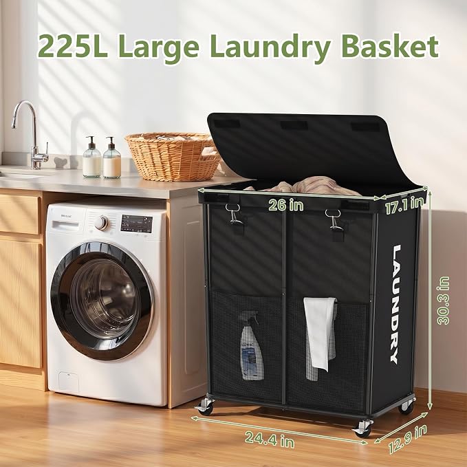 Laundry Hamper with Wheels and Lid, 225L Large Rolling Laundry Basket Black | Heavy Duty Clothes Organizer, Sturdy Metal Frame, Lockable Swivel Casters, Removable Bag, For Bedroom, Bathroom, Laundry Room