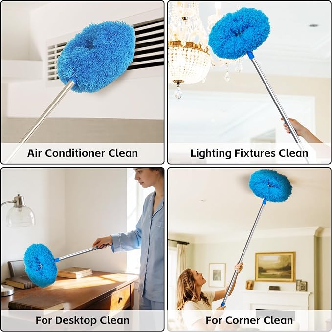 DRQ Ceiling Fan Cleaner Duster, 2 Pack Reusable Microfiber Duster with Extension Pole, 13 to 81 Inch Fan Blade Cleaner, Removable Dusters for Cleaning Walls Bookshelves Door Window Top (Blue)