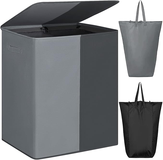 WOWLIVE Double Laundry Hamper with Lid, 154L Large Laundry Basket Organizer | Collapsible Dirty Clothes Hamper 2 Section, with Removable Laundry Bags for Laundry Room, College Dorm, Black and Grey